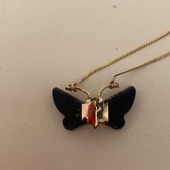 Black Opal, Diamond, and 14k Gold Butterfly Necklace - Picture 4 of 6